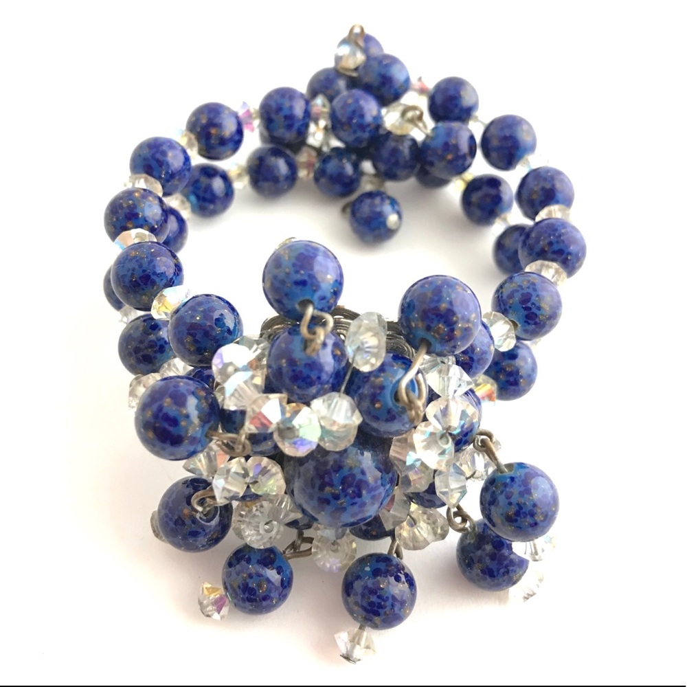Vintage Bracelet Glass Lapis Lazuli Blue Bead Cuff